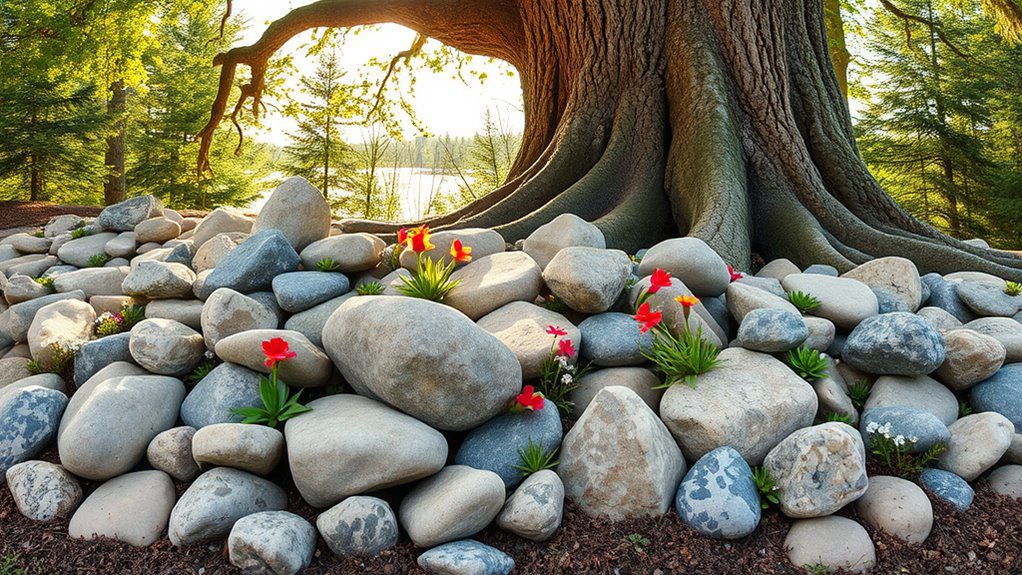 rock garden around trees