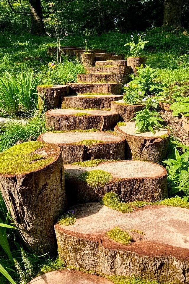 rustic garden tree steps