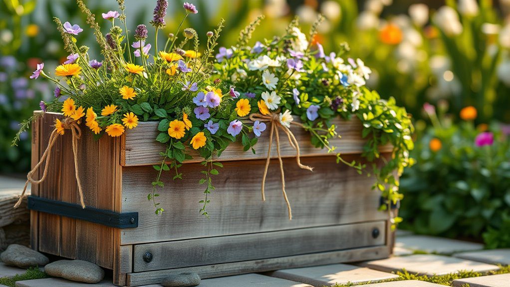 rustic planters with wildflowers