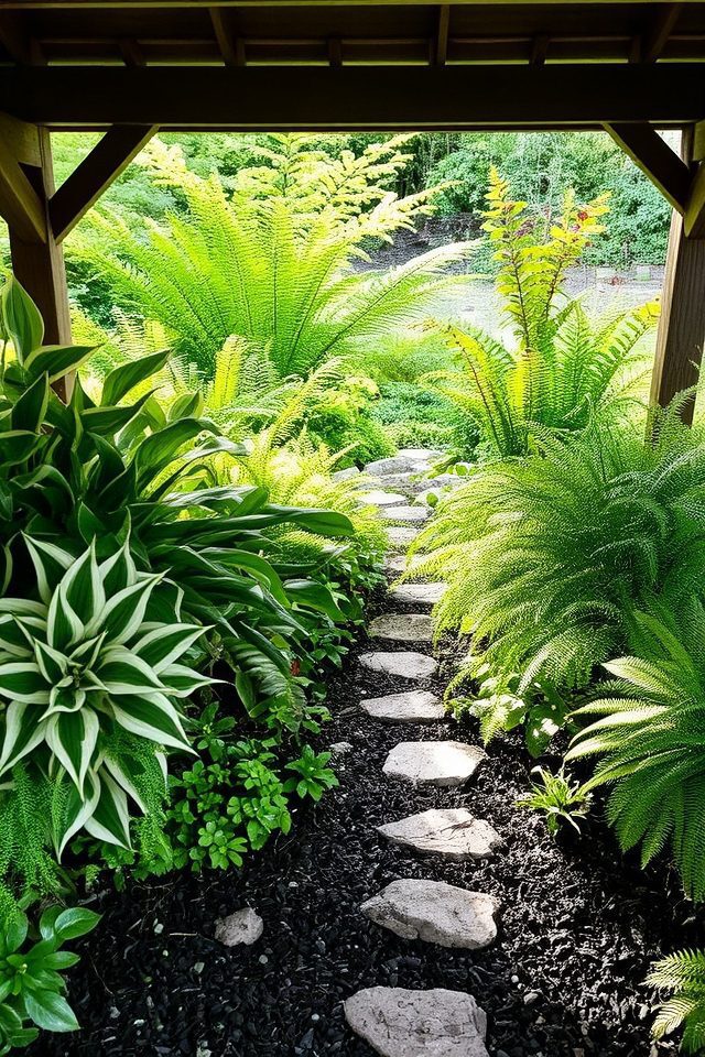shade garden with hostas