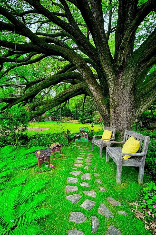 themed garden under trees