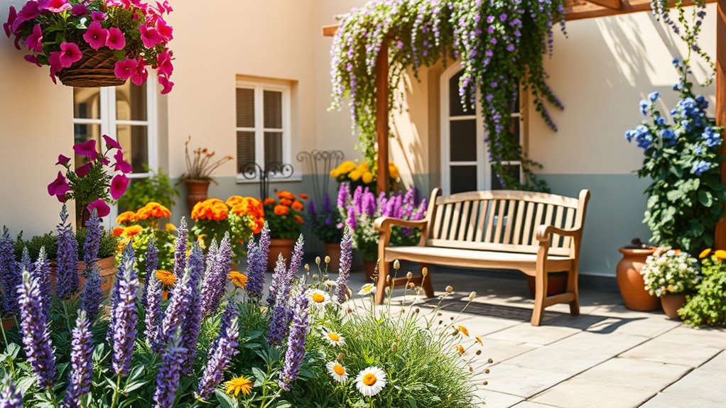 vibrant courtyard with flowers