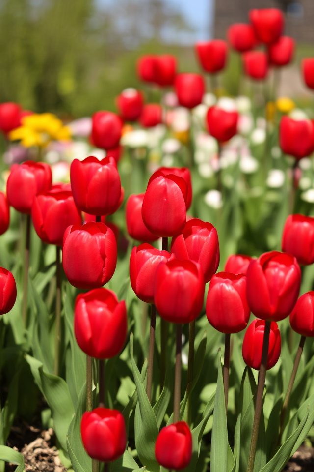 vibrant red tulips blooming