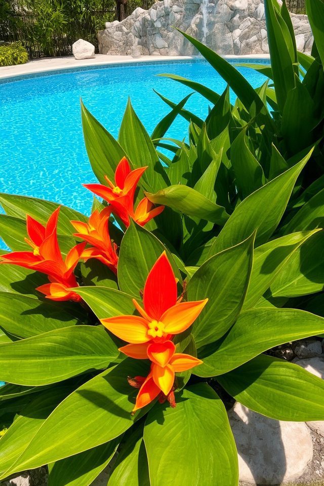 vibrant tropical poolside plants