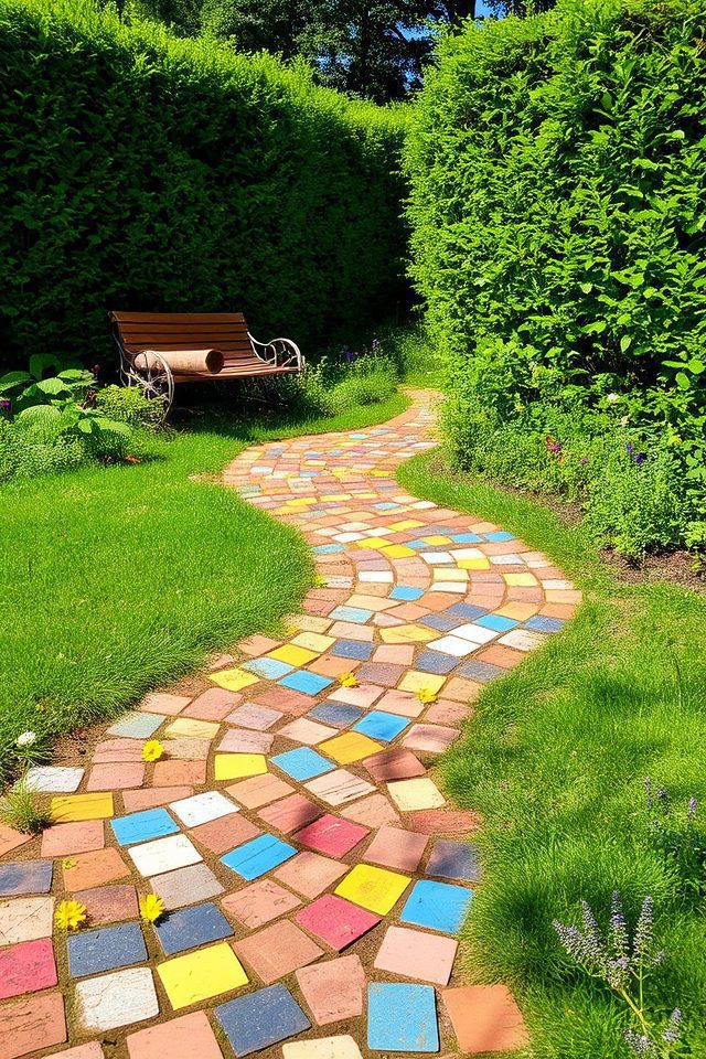 whimsical mosaic garden pathway