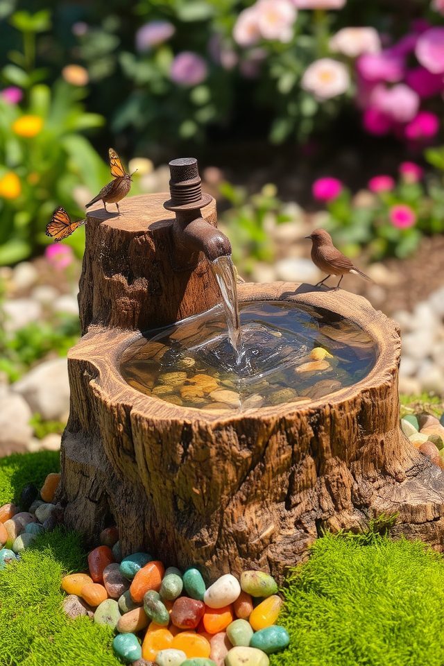 whimsical tree stump fountain