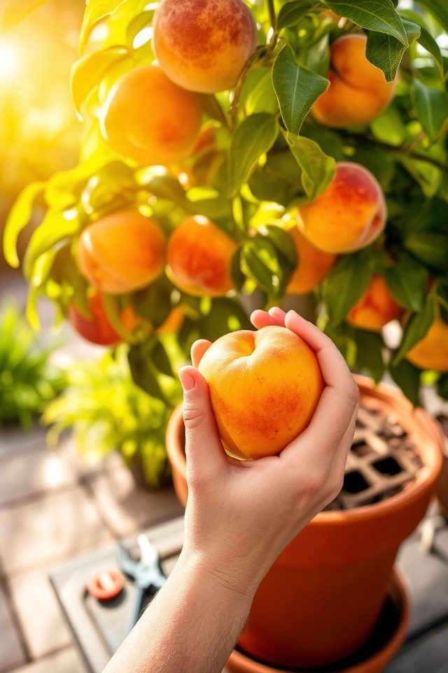 careful container peach harvesting