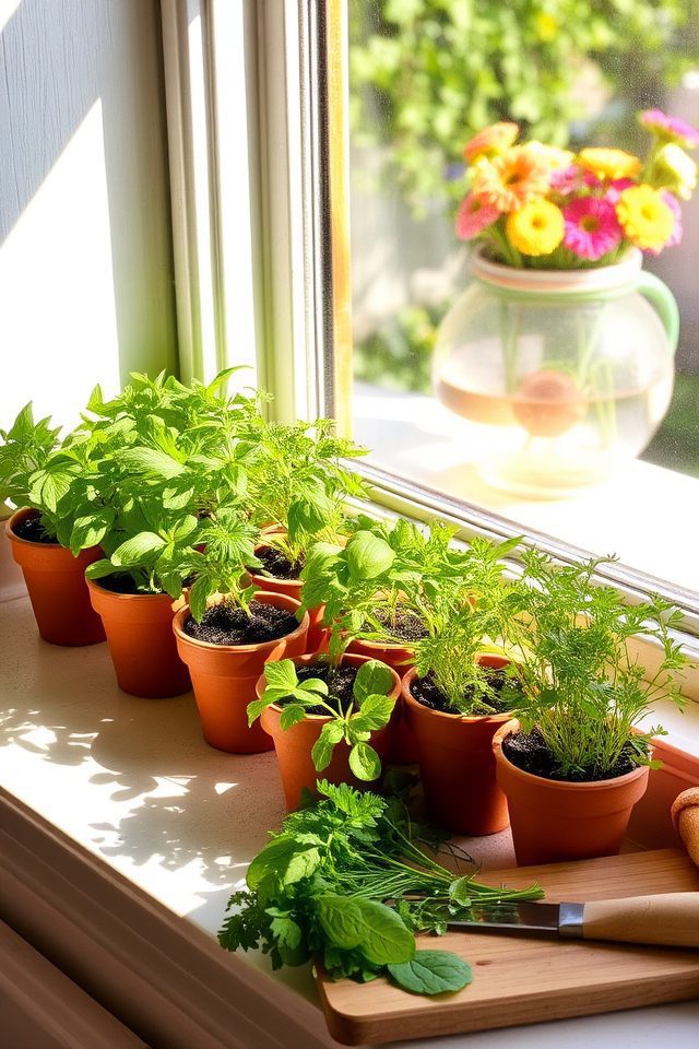 herbs thriving on windowsill
