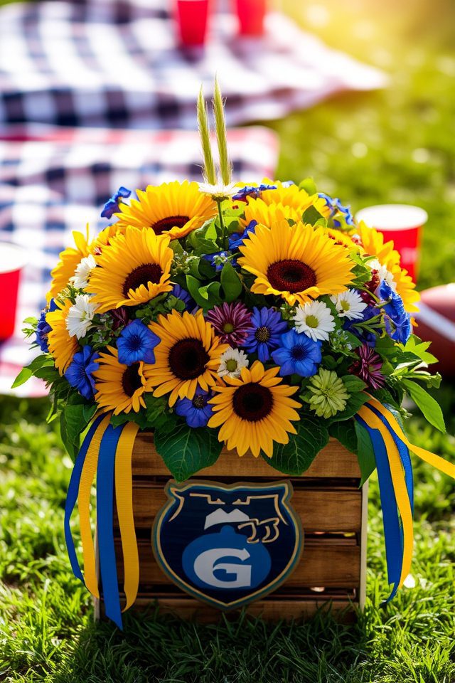 vibrant team themed flower arrangements