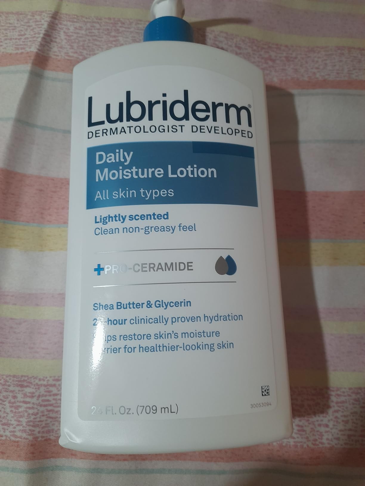 Lubriderm Daily Moisture Lotion + Pro-Ceramide, Shea Butter & Glycerin, Hydrating Face, Hand & Body Lotion, 24-hour Moisturizer for Dry Skin, Paraben & Dye Free, Scented, Non-Greasy, 24 FL OZ Customer Review Lubriderm Daily Moisture Lotion + Pro-Ceramide, Shea Butter & Glycerin, Hydrating Face, Hand & Body Lotion, 24-hour Moisturizer for Dry Skin, Paraben & Dye Free, Scented, Non-Greasy, 24 FL OZ - Customer Photo 1