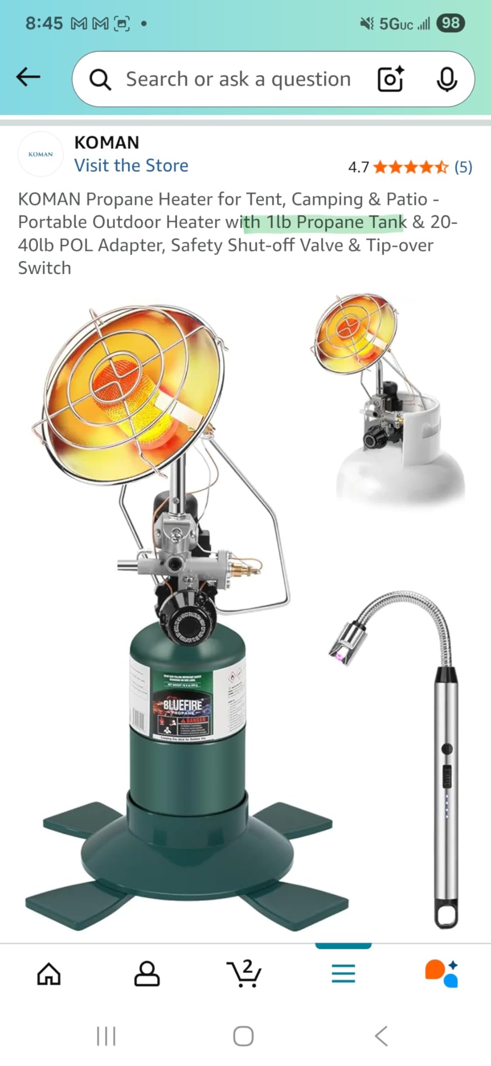 KOMAN Propane Heater for Tent, Camping & Patio - Portable Outdoor Heater with Safety Shut-off Valve & Tip-over Switch， for 1lb Propane Gas Tank & 20-40lb POL Adapter LP Tanks - Customer Photo 1