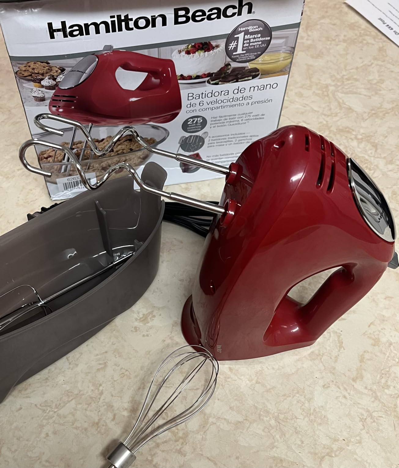 Hamilton Beach 6-Speed Electric Hand Mixer with Whisk, Traditional Beaters, Dough Hooks, Snap-On Storage Case, 275 Watts, Red Customer Review Hamilton Beach 6-Speed Electric Hand Mixer with Whisk, Traditional Beaters, Dough Hooks, Snap-On Storage Case, 275 Watts, Red - Customer Photo 1