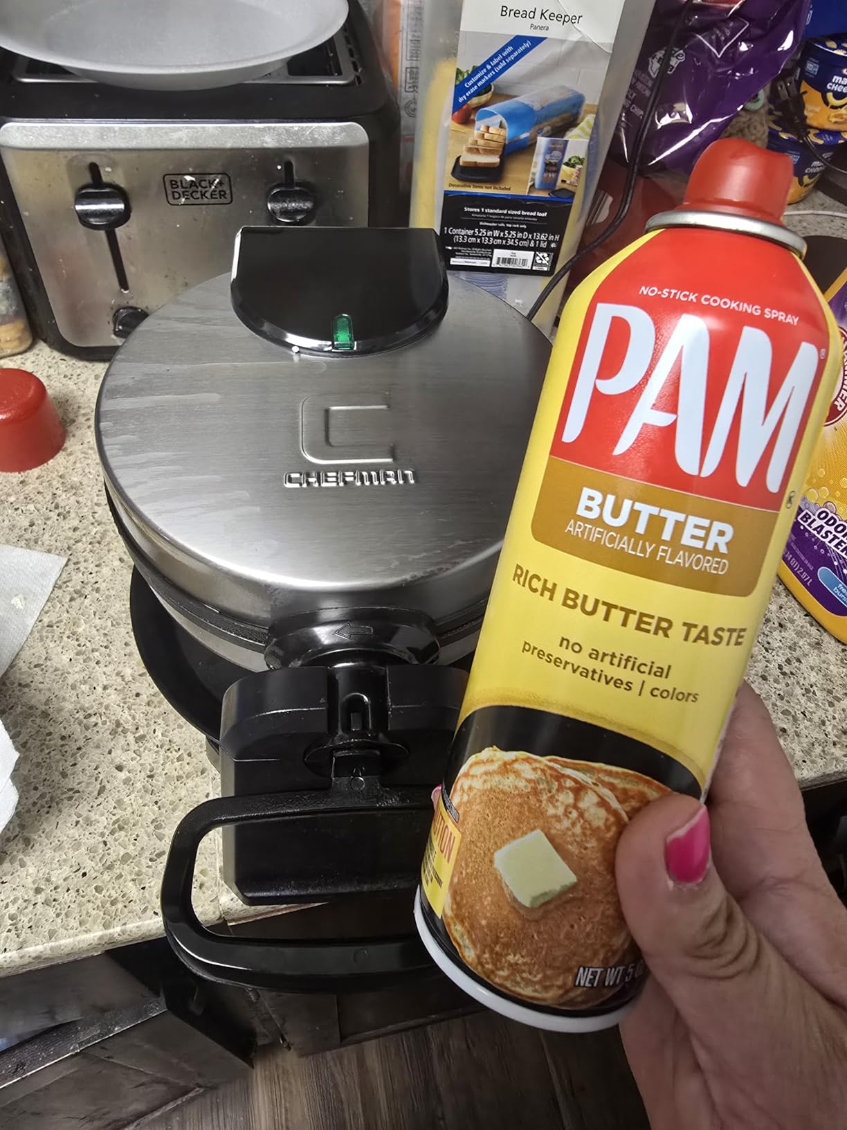 Chefman Rotating Belgian Waffle Maker, 180° Flip Iron w/ Non-Stick Plates, Adjustable Timer, Locking Lid, & Drip Plate, Space Saving Storage, Mess-Free Breakfast, Stainless Steel/Black Customer Review Chefman Rotating Belgian Waffle Maker, 180° Flip Iron w/ Non-Stick Plates, Adjustable Timer, Locking Lid, & Drip Plate, Space Saving Storage, Mess-Free Breakfast, Stainless Steel/Black - Customer Photo 1