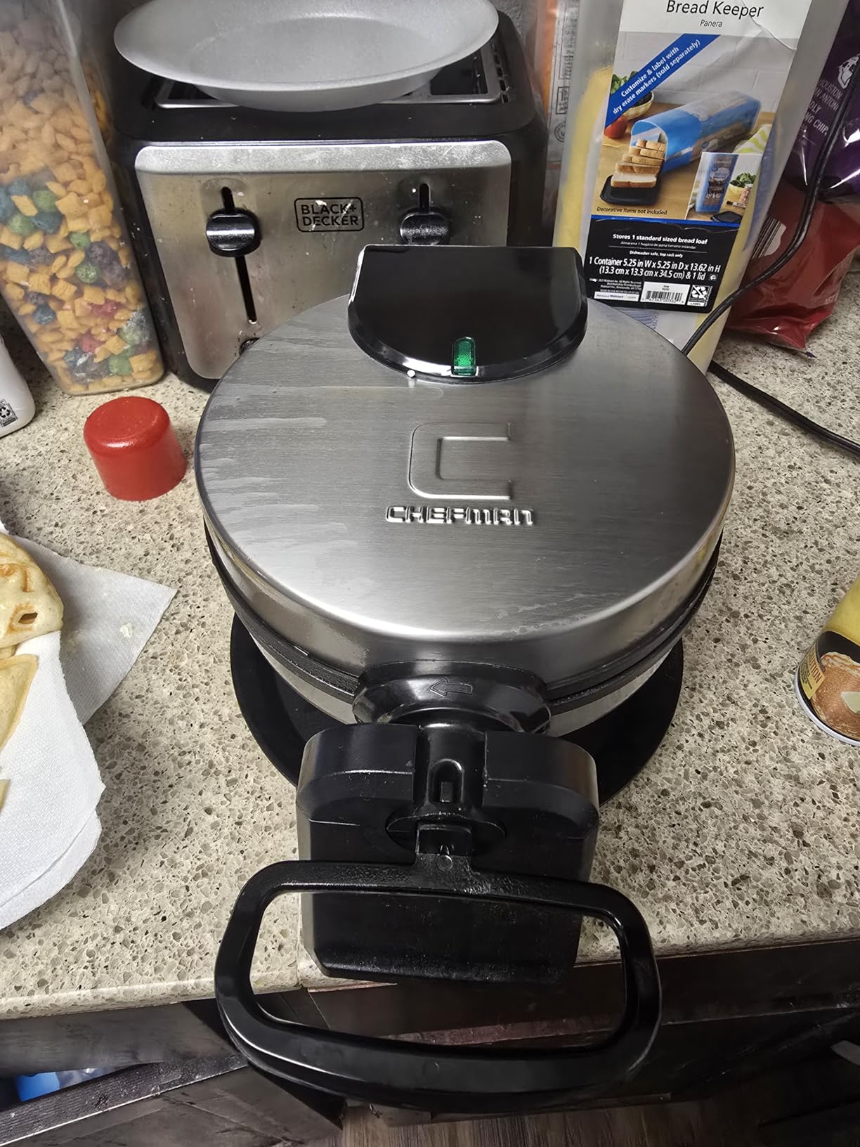 Chefman Rotating Belgian Waffle Maker, 180° Flip Iron w/ Non-Stick Plates, Adjustable Timer, Locking Lid, & Drip Plate, Space Saving Storage, Mess-Free Breakfast, Stainless Steel/Black Customer Review Chefman Rotating Belgian Waffle Maker, 180° Flip Iron w/ Non-Stick Plates, Adjustable Timer, Locking Lid, & Drip Plate, Space Saving Storage, Mess-Free Breakfast, Stainless Steel/Black - Customer Photo 4