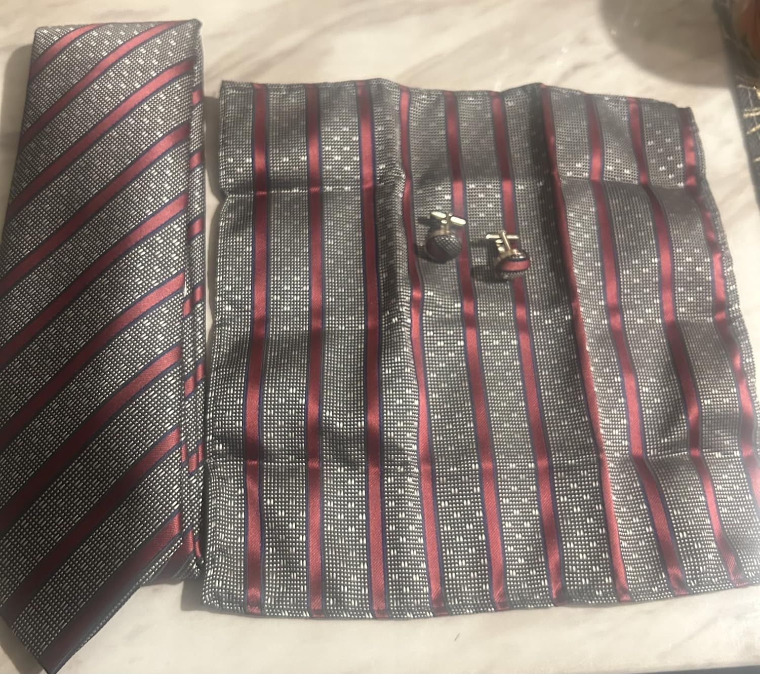 Tie Sets for Men Silk Stripe Necktie Woven Checkered Handkerchief Cufflinks Formal Business Wedding - Customer Photo 3