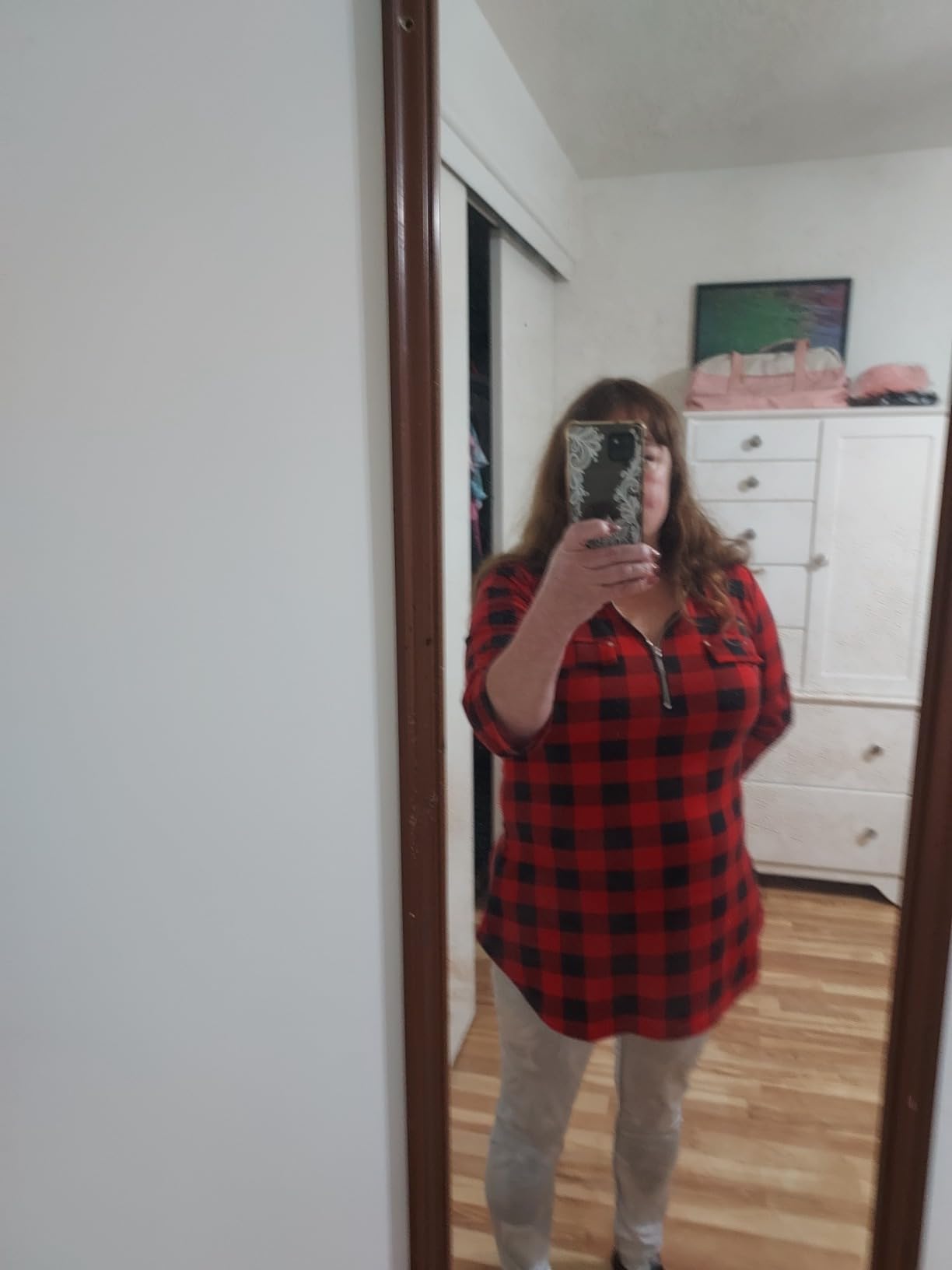 Ninedaily Women's 3/4 Sleeve Plaid Shirts Zip Floral Casual Tunic Blouse Tops Customer Review Ninedaily Women's 3/4 Sleeve Plaid Shirts Zip Floral Casual Tunic Blouse Tops - Customer Photo 1