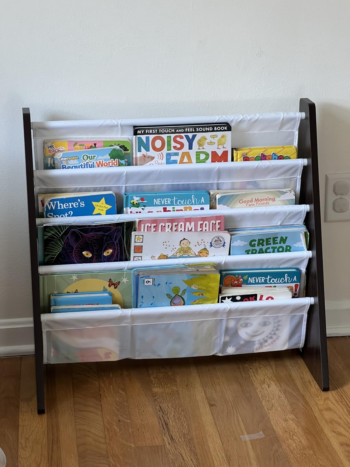 Humble Crew 4-Tier Kids Bookshelf, Natural Wood/White - Premium Book Shelf for Kids Rooms with Four Deep Pockets - Toddler Sling Book Rack with Deep Sleeves, Nursery Bookcase Organizer - Customer Photo 1