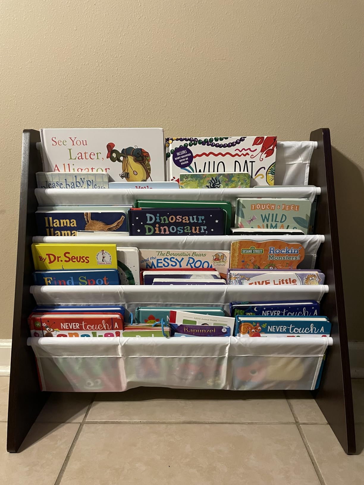 Humble Crew 4-Tier Kids Bookshelf, Natural Wood/White - Premium Book Shelf for Kids Rooms with Four Deep Pockets - Toddler Sling Book Rack with Deep Sleeves, Nursery Bookcase Organizer - Customer Photo 2