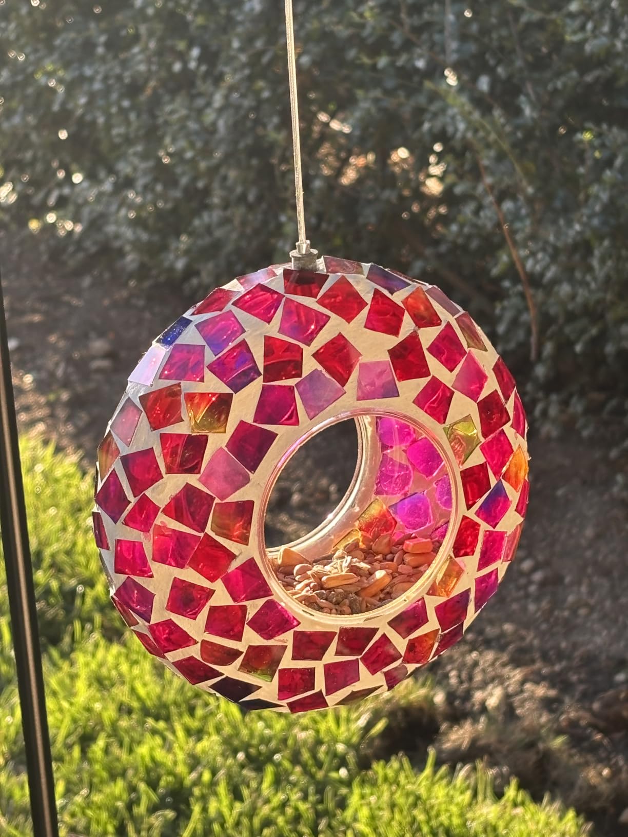 Sunnydaze 6-Inch Glass Mosaic Hanging Bird Feeder for Outdoors - Fly-Through Wild Bird Feeder - Rainbow Daisies - Customer Photo 1