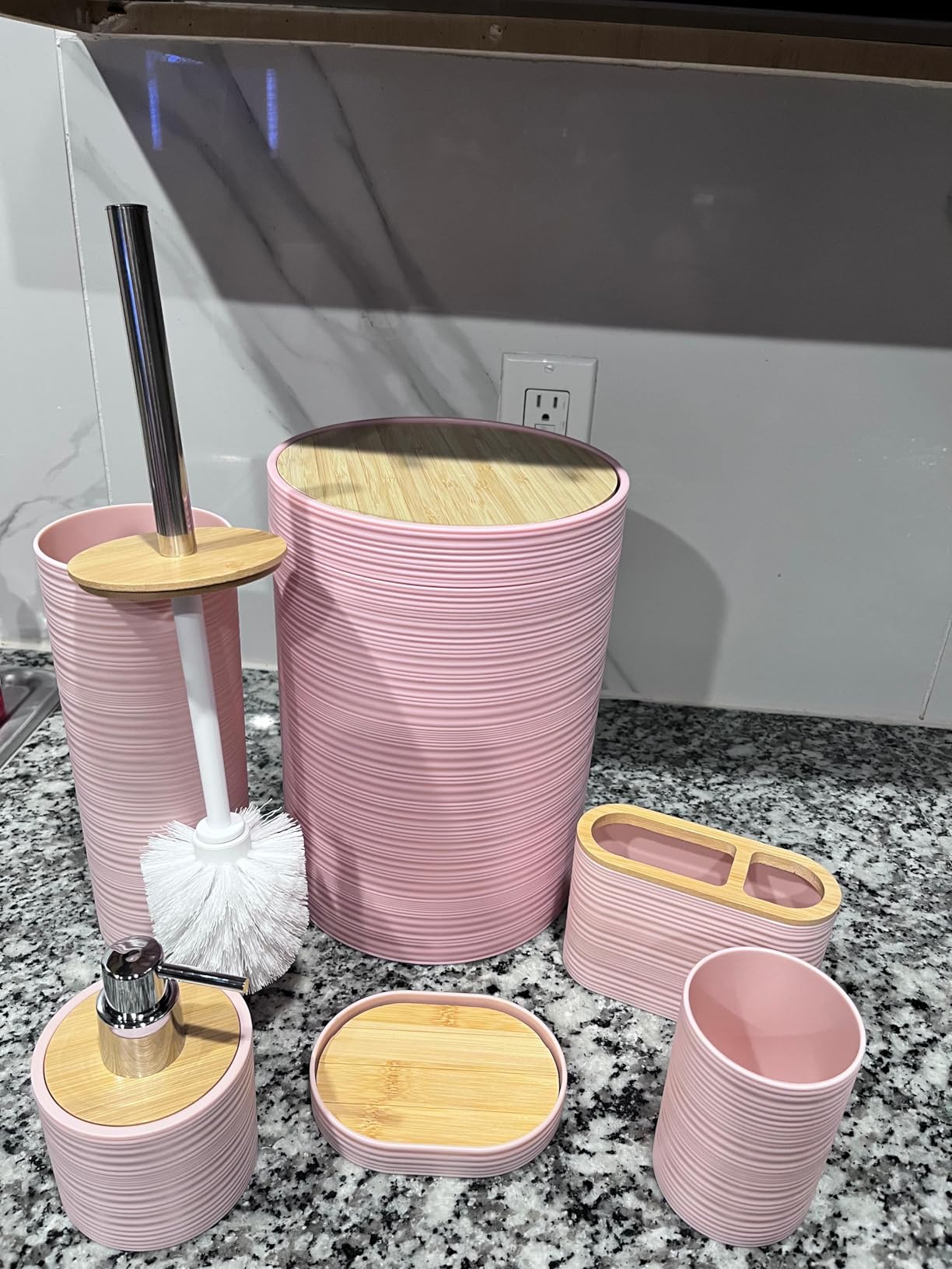 CERBIOR Bathroom Accessories Set 6 Piece Bath Ensemble Includes Soap Dispenser, Toothbrush Holder, Toothbrush Cup, Soap Dish for Decorative Countertop and Housewarming Gift, Black - Customer Photo 1