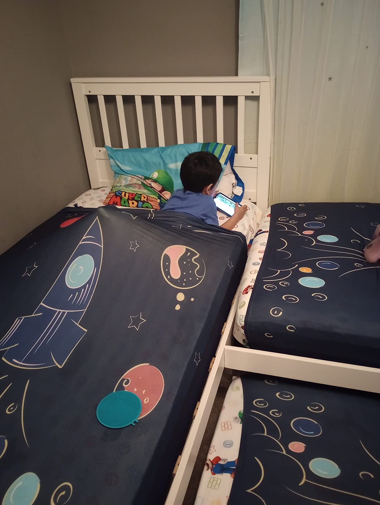 FRIENDLY CUDDLE Sensory Compression Sheet, Stretchy Fabric, Twin Size 39W x 75L inches, Machine Washable (Rocketship, Twin) - Customer Photo 1