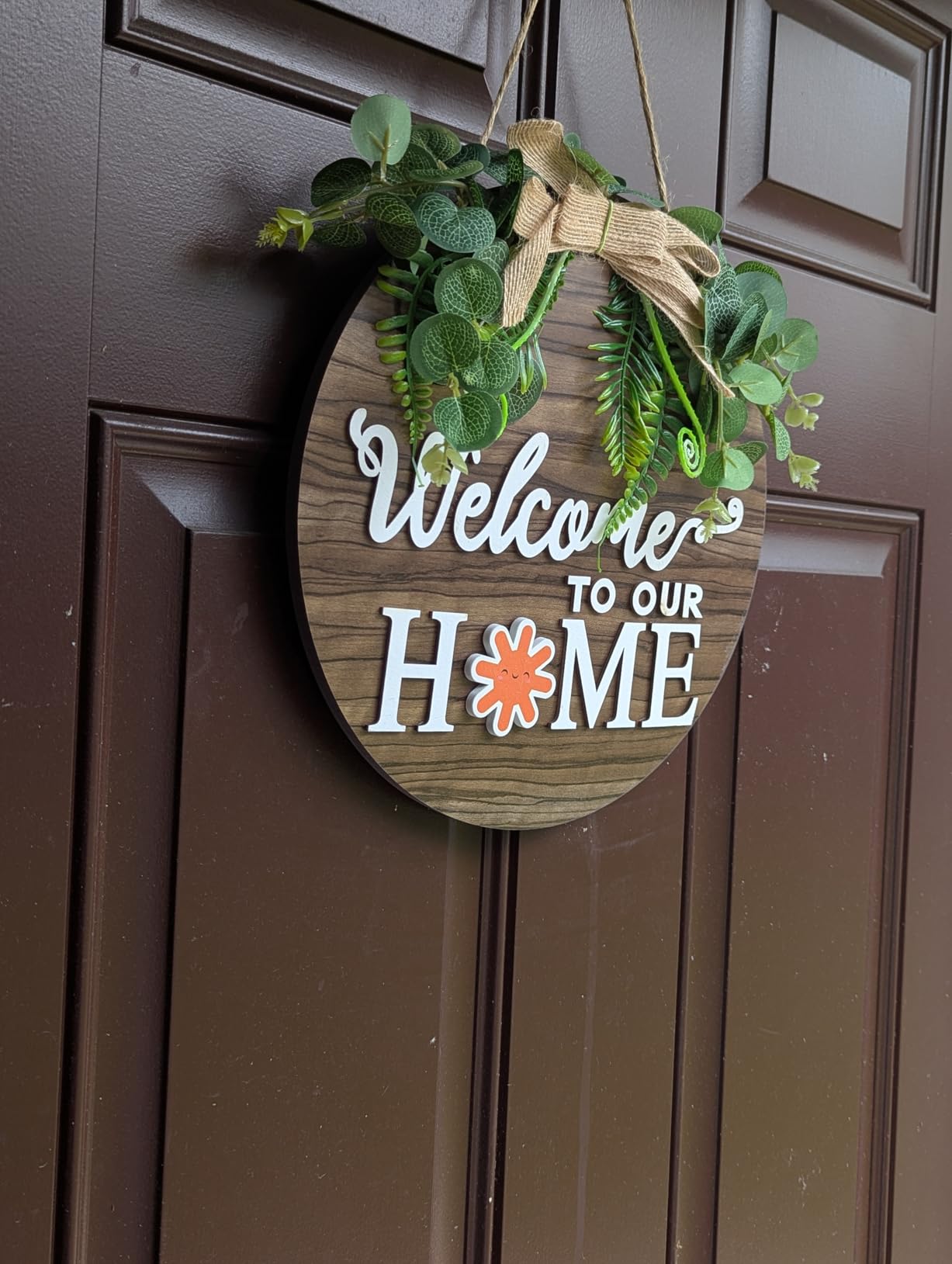 Interchangeable Seasonal Welcome Sign Front Door Decoration, Rustic Round Wood Wreaths Wall Hanging Outdoor, Farmhouse, Porch, for Spring Summer Fall All Seasons Holiday Halloween Christmas. - Customer Photo 1