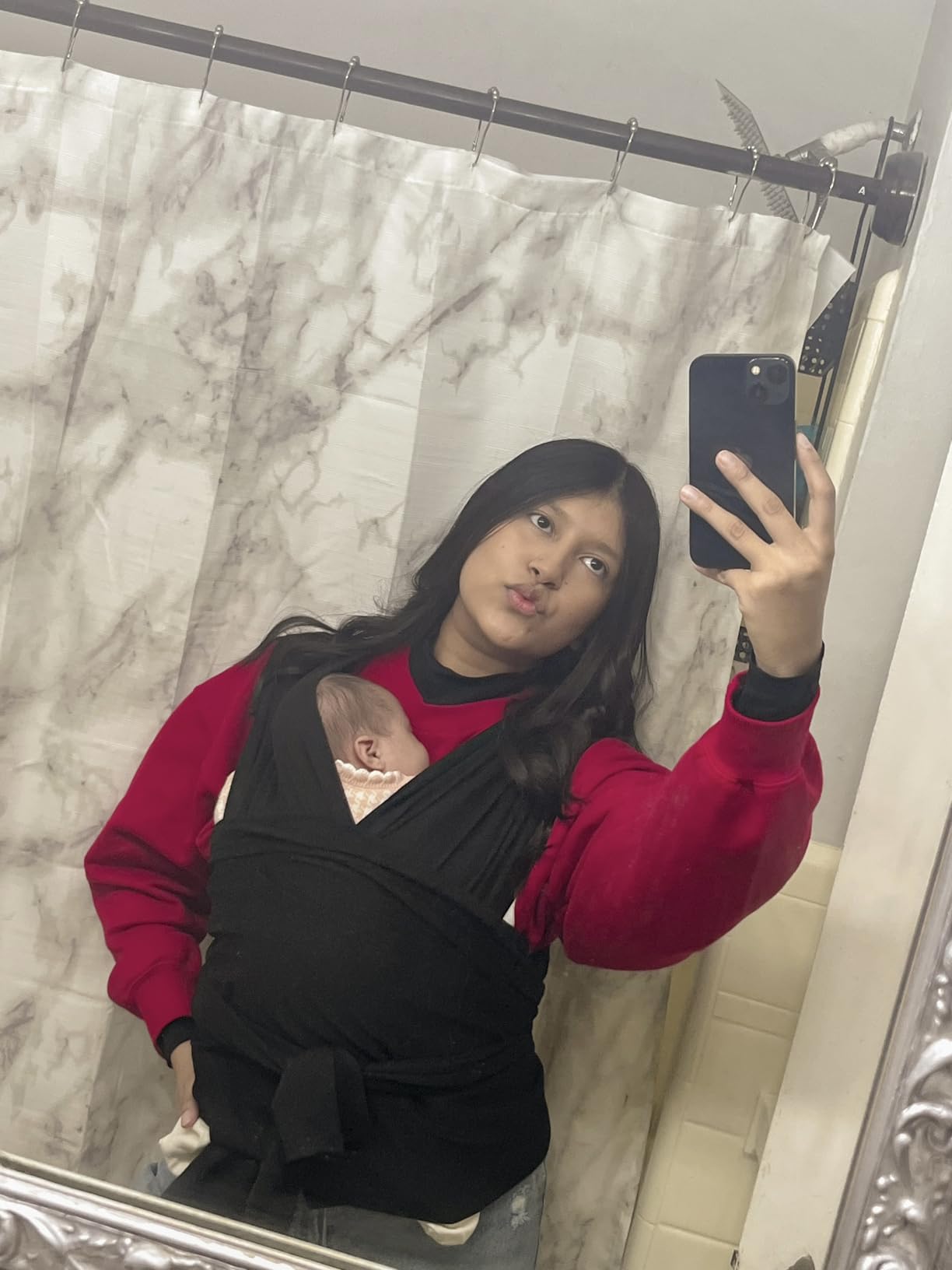 Momcozy Baby Wrap Carrier, Easy to Wear Infant Carrier Slings, Lightweight Hands Free Baby Sling, Adjustable Baby Carriers for Newborn to Toddler 8-35 lbs, Black Customer Review Momcozy Baby Wrap Carrier, Easy to Wear Infant Carrier Slings, Lightweight Hands Free Baby Sling, Adjustable Baby Carriers for Newborn to Toddler 8-35 lbs, Black - Customer Photo 3