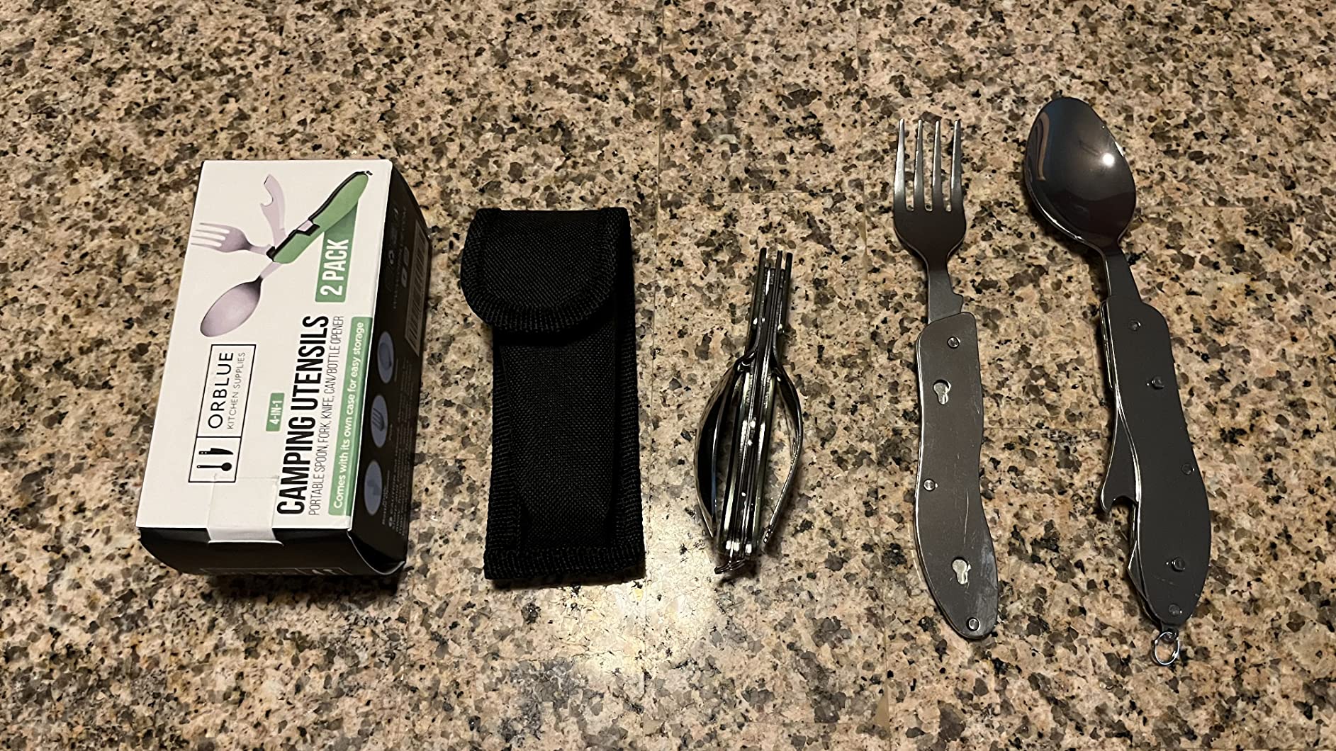 Orblue 4-in-1 Camping Utensils, 2-Pack - Portable Stainless Steel Spoon, Fork, Knife & Bottle Opener Combo Set - Travel, Backpacking Cutlery Multitool, Gray - Customer Photo 2