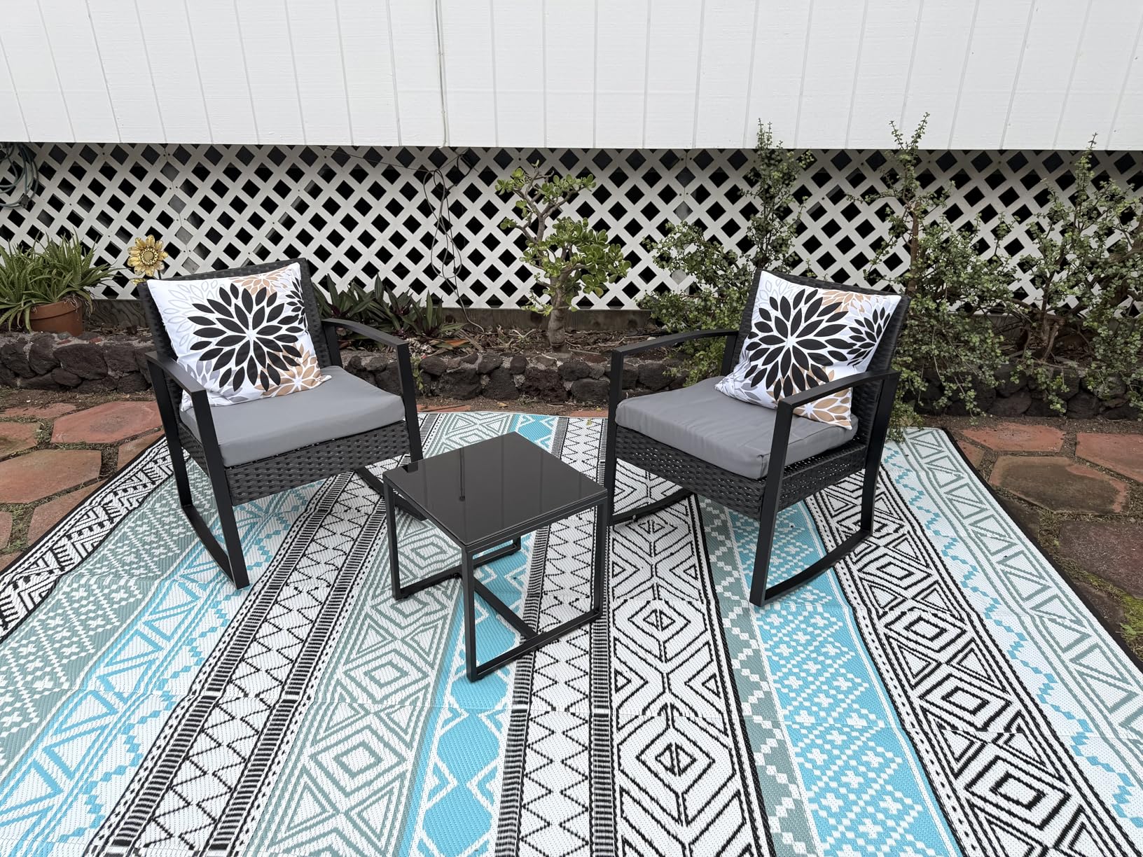 3 Pieces Outdoor Patio Furniture Set Rocking Bistro Set Outdoor Rattan Conversation with Coffee Table for Garden Balcony Backyard Poolside (Grey Cushion) - Customer Photo 1