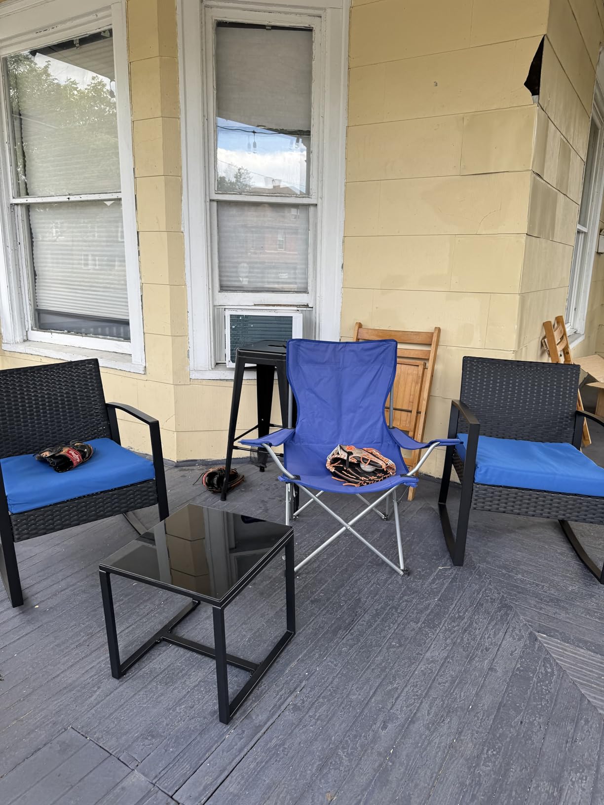 3 Pieces Outdoor Patio Furniture Set Rocking Bistro Set Outdoor Rattan Conversation with Coffee Table for Garden Balcony Backyard Poolside (Grey Cushion) - Customer Photo 2