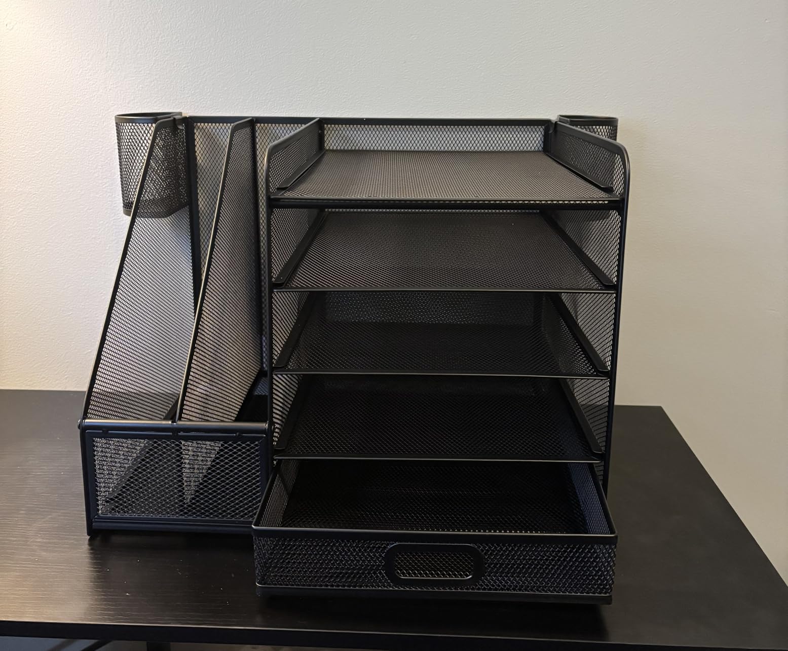 Marbrasse Desk Organizer with File Holder, 5-Tier Paper Letter Tray Organizer with Drawer and 2 Pen Holder, Mesh Desktop Organizer and Storage with Magazine Holder for Office Supplies(Black) - Customer Photo 1