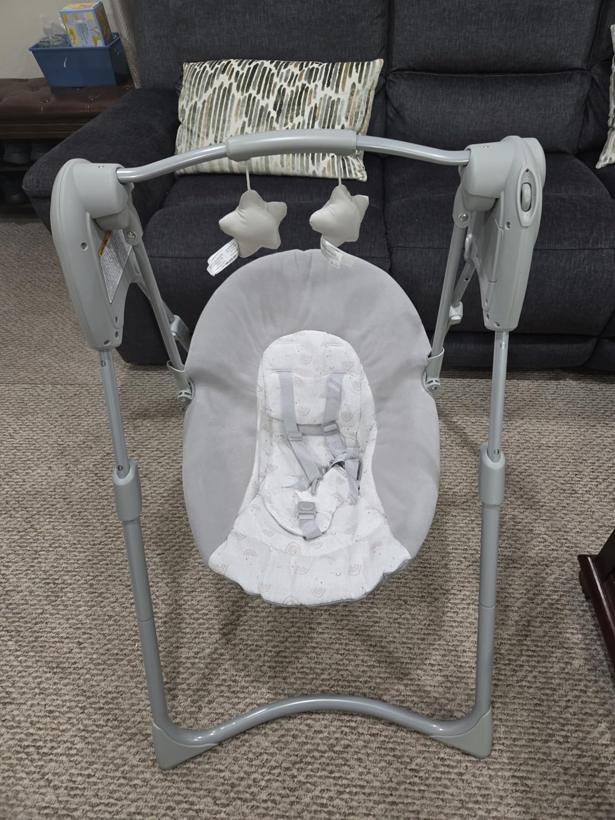 Graco Slim Spaces Compact Baby Swing, Space Saving Portable Bay Swing with Height Adjustable Legs & Soft Toys, Reign Customer Review Graco Slim Spaces Compact Baby Swing, Space Saving Portable Bay Swing with Height Adjustable Legs & Soft Toys, Reign - Customer Photo 2