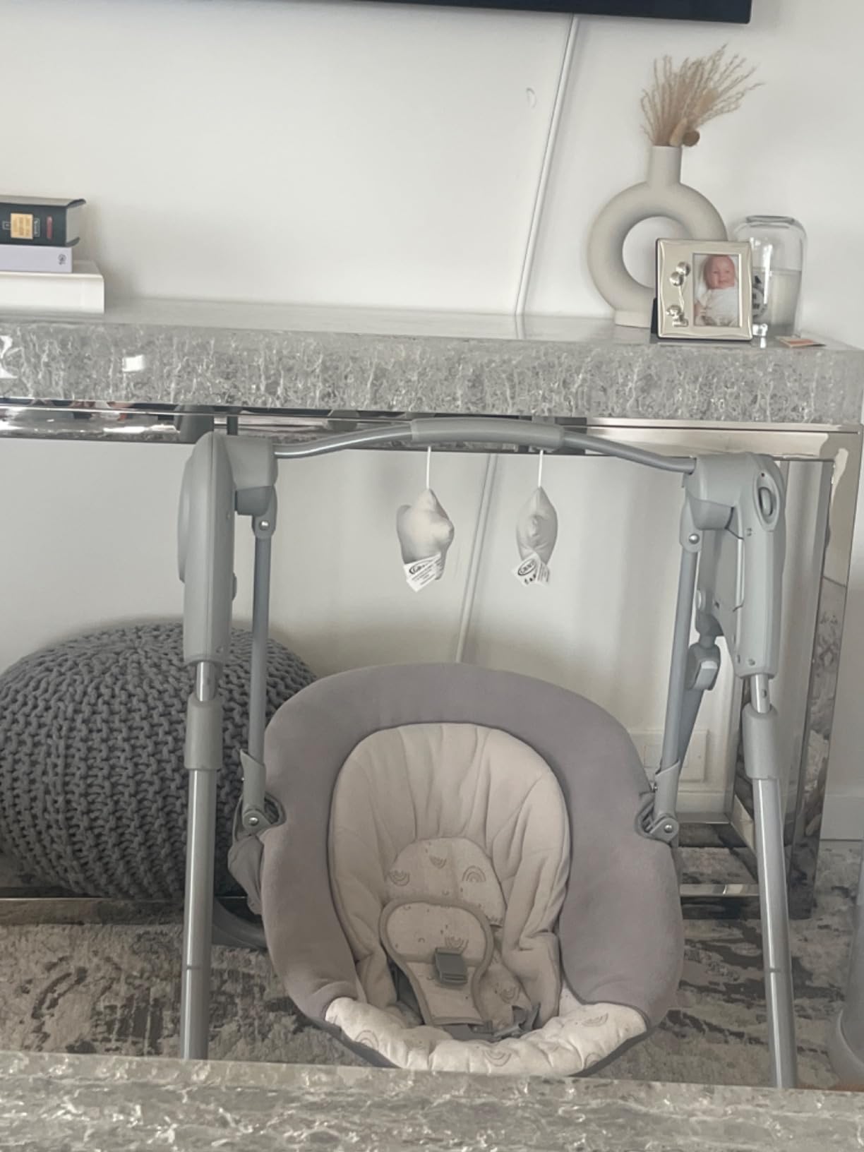 Graco Slim Spaces Compact Baby Swing, Space Saving Portable Bay Swing with Height Adjustable Legs & Soft Toys, Reign Customer Review Graco Slim Spaces Compact Baby Swing, Space Saving Portable Bay Swing with Height Adjustable Legs & Soft Toys, Reign - Customer Photo 5