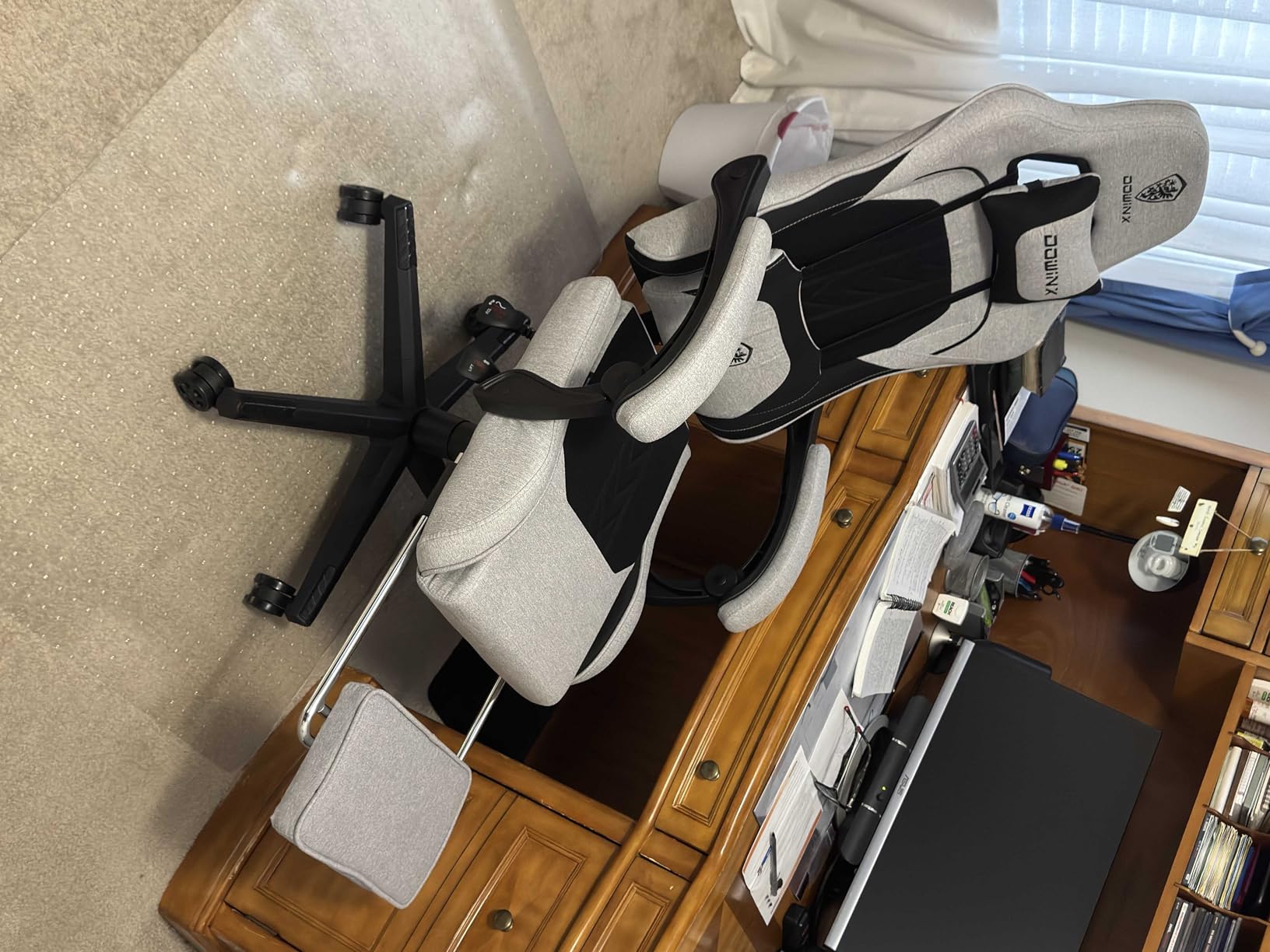 Dowinx Gaming Chair Fabric with Pocket Spring Cushion, Massage Game Chair Cloth with Headrest, Ergonomic Computer Chair with Footrest 290LBS, Black and Grey - Customer Photo 4