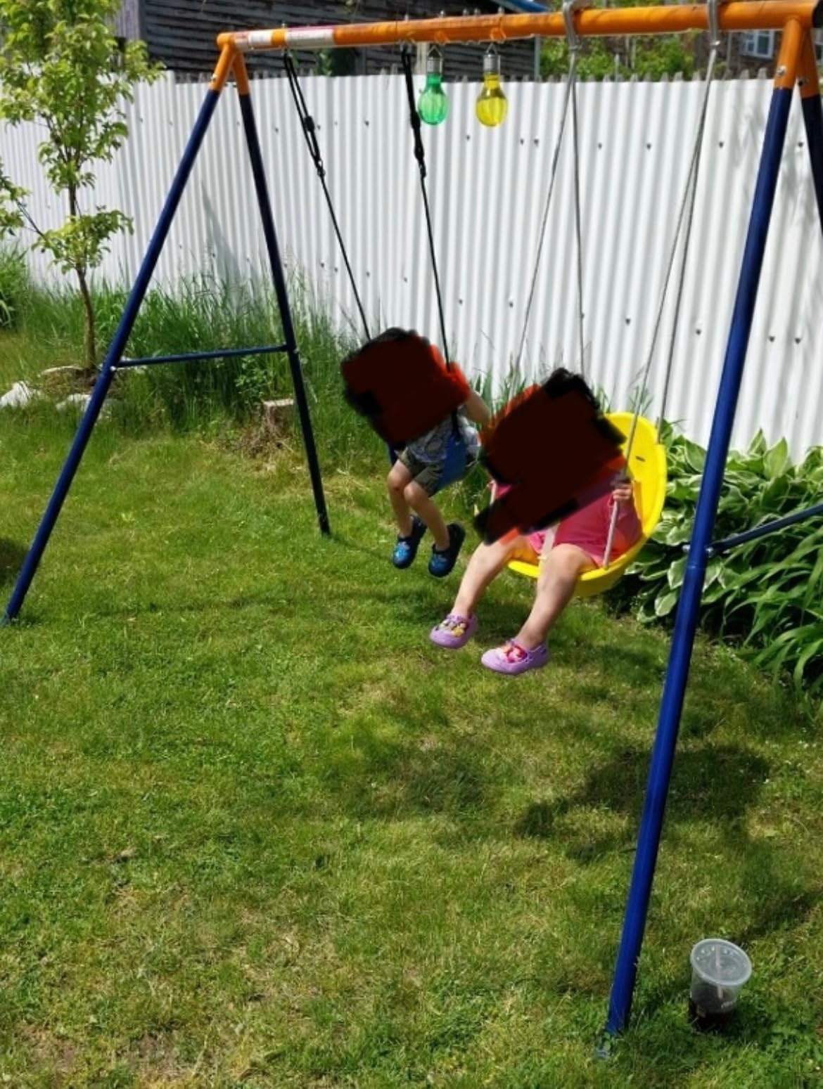 Swing Set for Backyard with Trampoline 440lbs with Heavy-Duty Metal A-Frame Outdoor Swing Set with 1 Saucer Swing Seat 1 Swings Seat & 1 Trampoline - Customer Photo 1