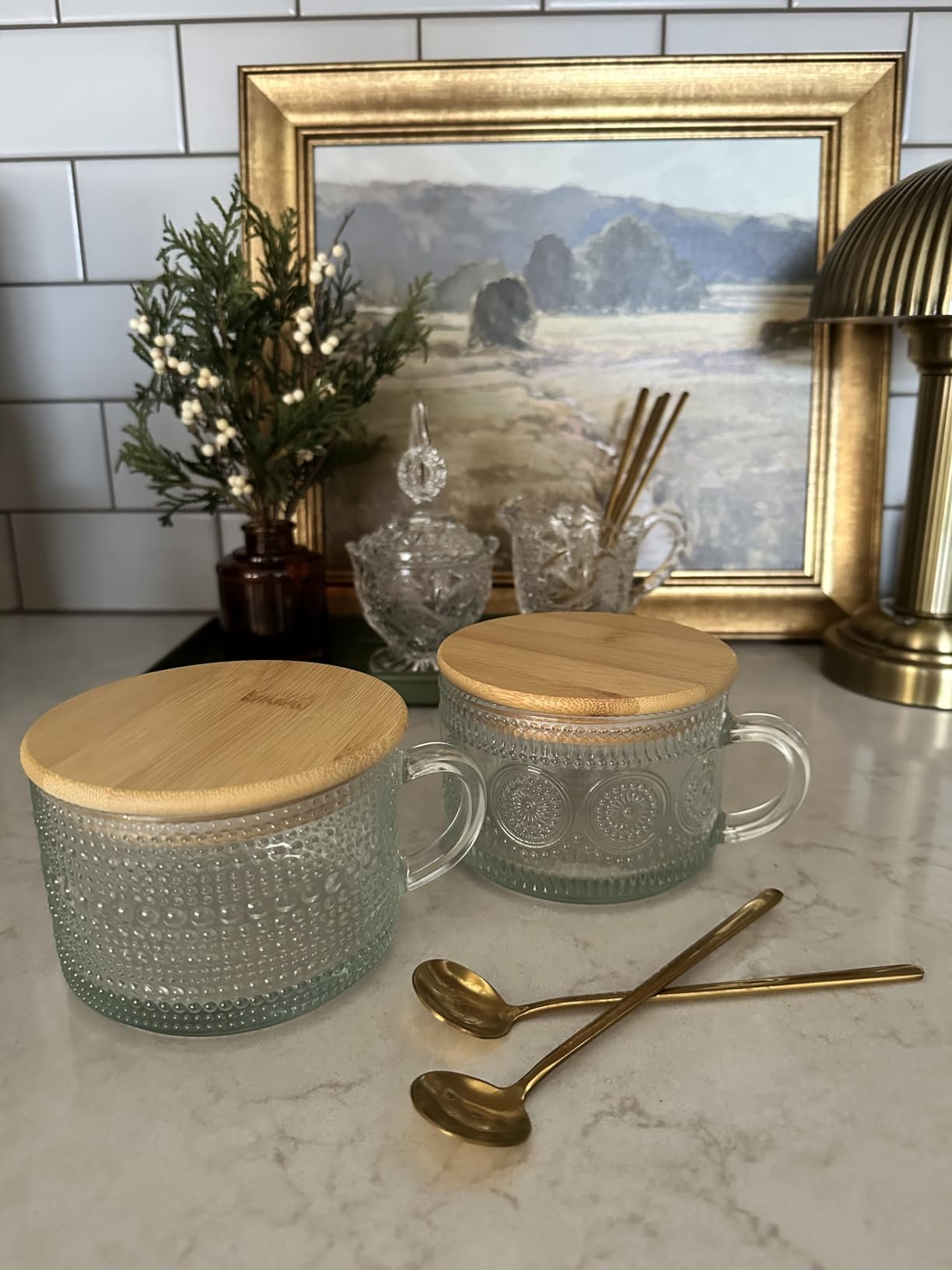 4pcs Set Vintage Coffee Mugs gifts for women, Overnight Oats Containers with Bamboo Lids and Spoons - 14oz Clear Embossed Glass Cups, Cute Coffee Bar Accessories, Iced Coffee Glasses - Customer Photo 2