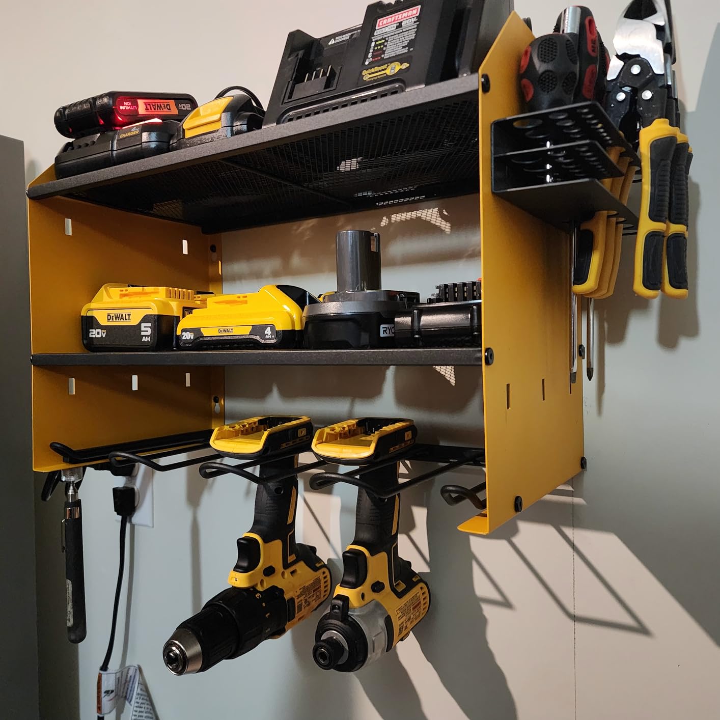 CCCEI Modular Power Tool Organizer Wall Mount with Charging Station. Garage Drill Storage Shelf with Hooks, Heavy Duty Rack, Tool Battery Holder Built in 8 Outlet. Gift for Men. Red, 1 Pack. - Customer Photo 1