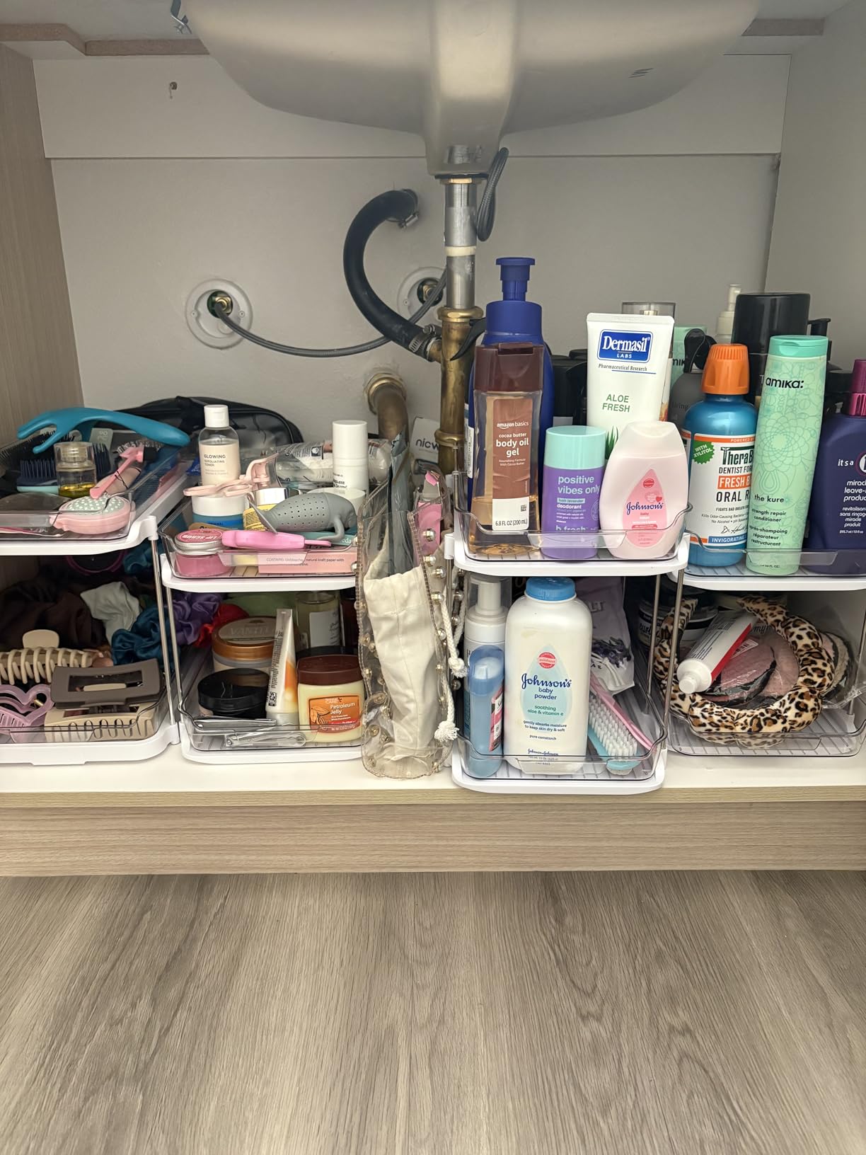 Delamu 2-Tier Multi-Purpose Bathroom Under Sink Organizers and Storage, Stackable Kitchen Pantry Organization, Pull Out Medicine Cabinet Organizer with Movable Dividers, White, 2 Pack - Customer Photo 1