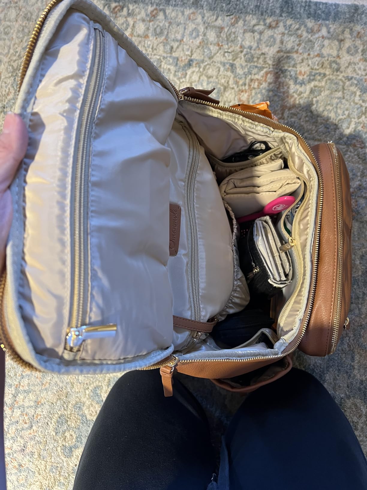 Omanmoli Diaper Bag Backpack Large Baby Diaper Bag Leather with 17 Diaper Bag Organizing Pouches,Changing Pad,Stroller Straps,4 Insulated Pockets,Brown Customer Review Omanmoli Diaper Bag Backpack Large Baby Diaper Bag Leather with 17 Diaper Bag Organizing Pouches,Changing Pad,Stroller Straps,4 Insulated Pockets,Brown - Customer Photo 4