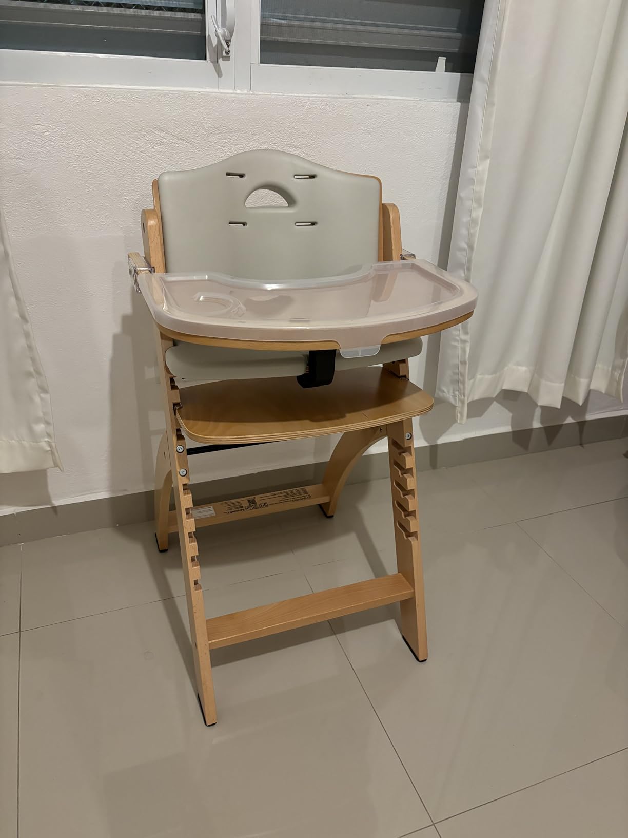 Abiie Beyond Junior Wooden High Chair with Tray - Adjustable and Convertible High Chair for Babies and Toddlers - 6 Months to 250 Lb - Water Resistant - Natural Wood/Dove Grey Cushion - Customer Photo 3