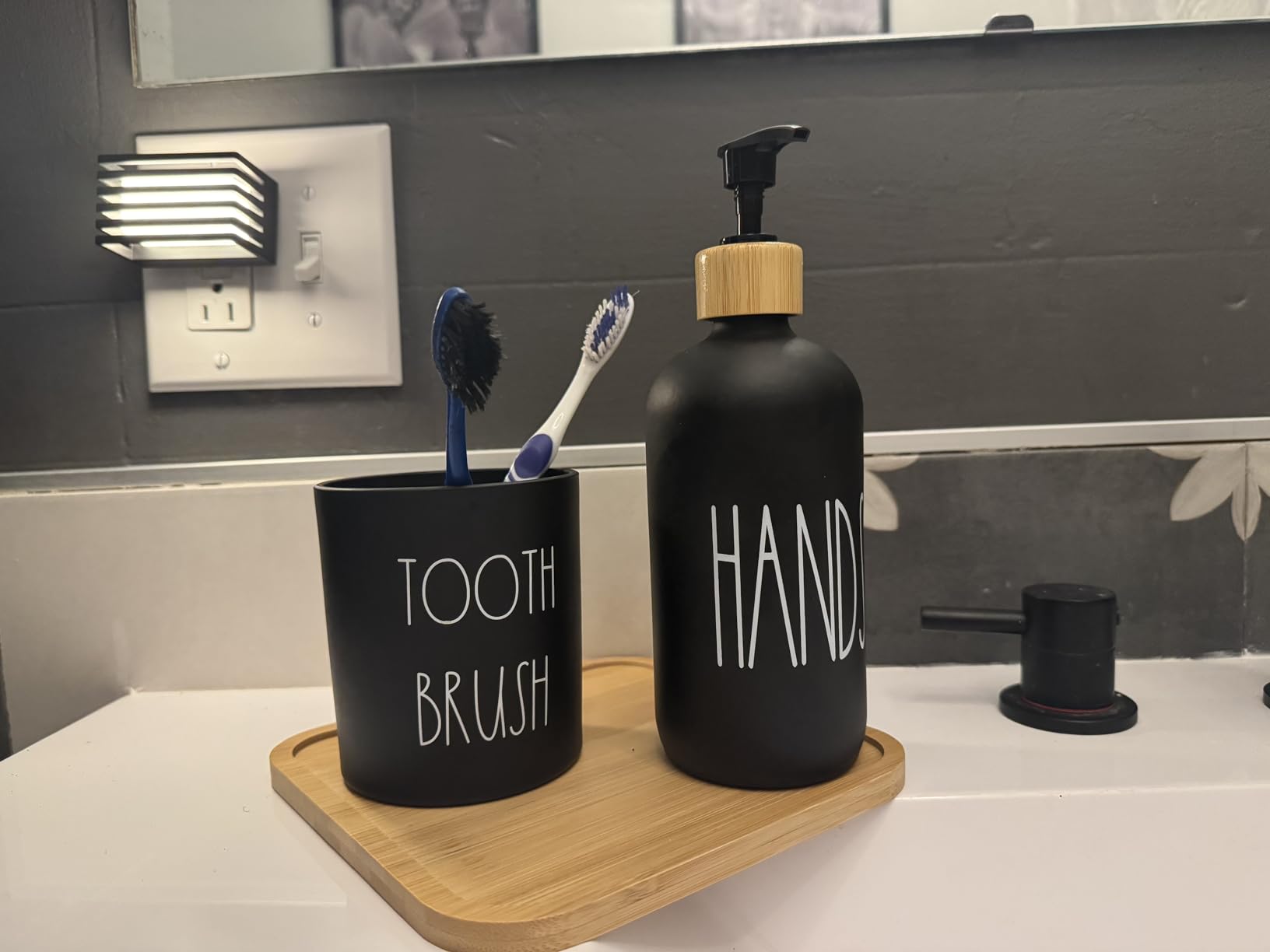Matte Black Bathroom Accessories Set, 5 Pcs Glass Bathroom Accessory Set with Bamboo Tray, Soap Dispenser and Toothbrush Holder Set, Qtip Holder Set, Farmhouse Boho Bathroom Set Complete - Customer Photo 2