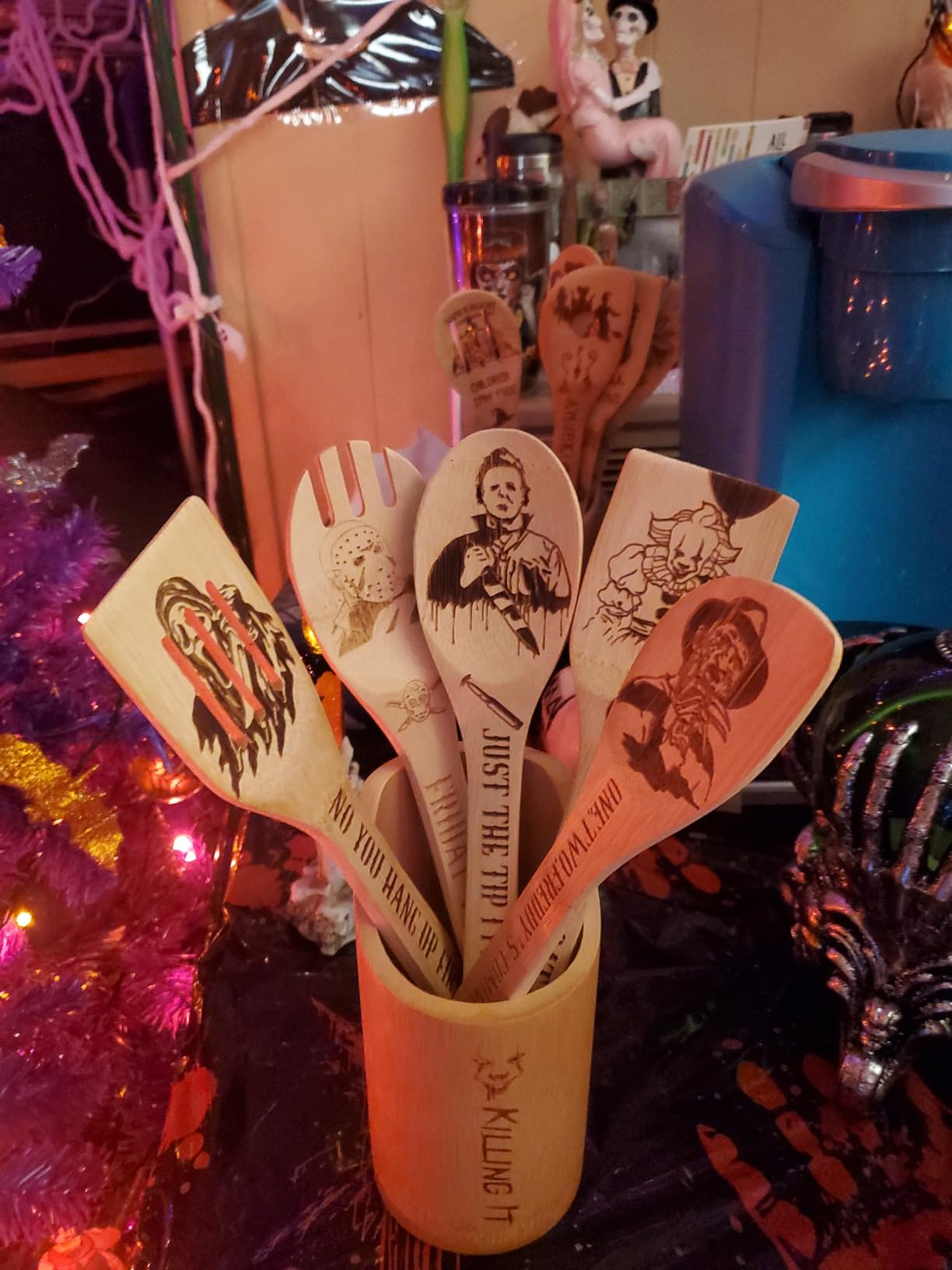 6Pcs Horror Movie Character Cooking Gift Set Wooden Spoons Utensils with Matching Holder - Halloween Movie Merchandise Laser Engraved Bamboo Spoons Set for Halloween Film Gifts, Horror Decor for Party - Customer Photo 1