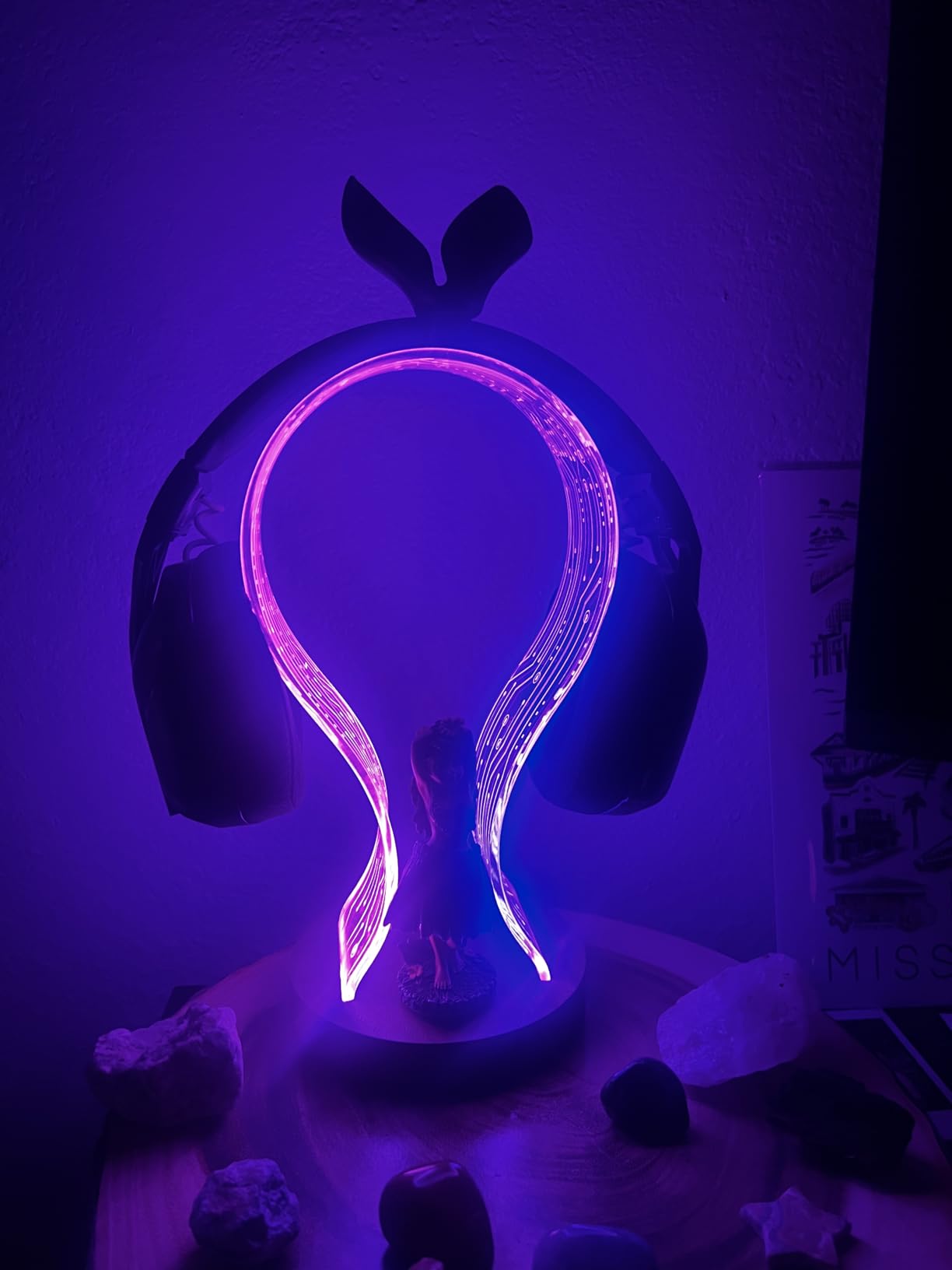 YuanDian Headphone Stand, Walnut Wood Headset Holder with Blue Pink LED Night Light for Gamers, Men, and Music Lovers - Perfect Desk Gift Idea - Customer Photo 2