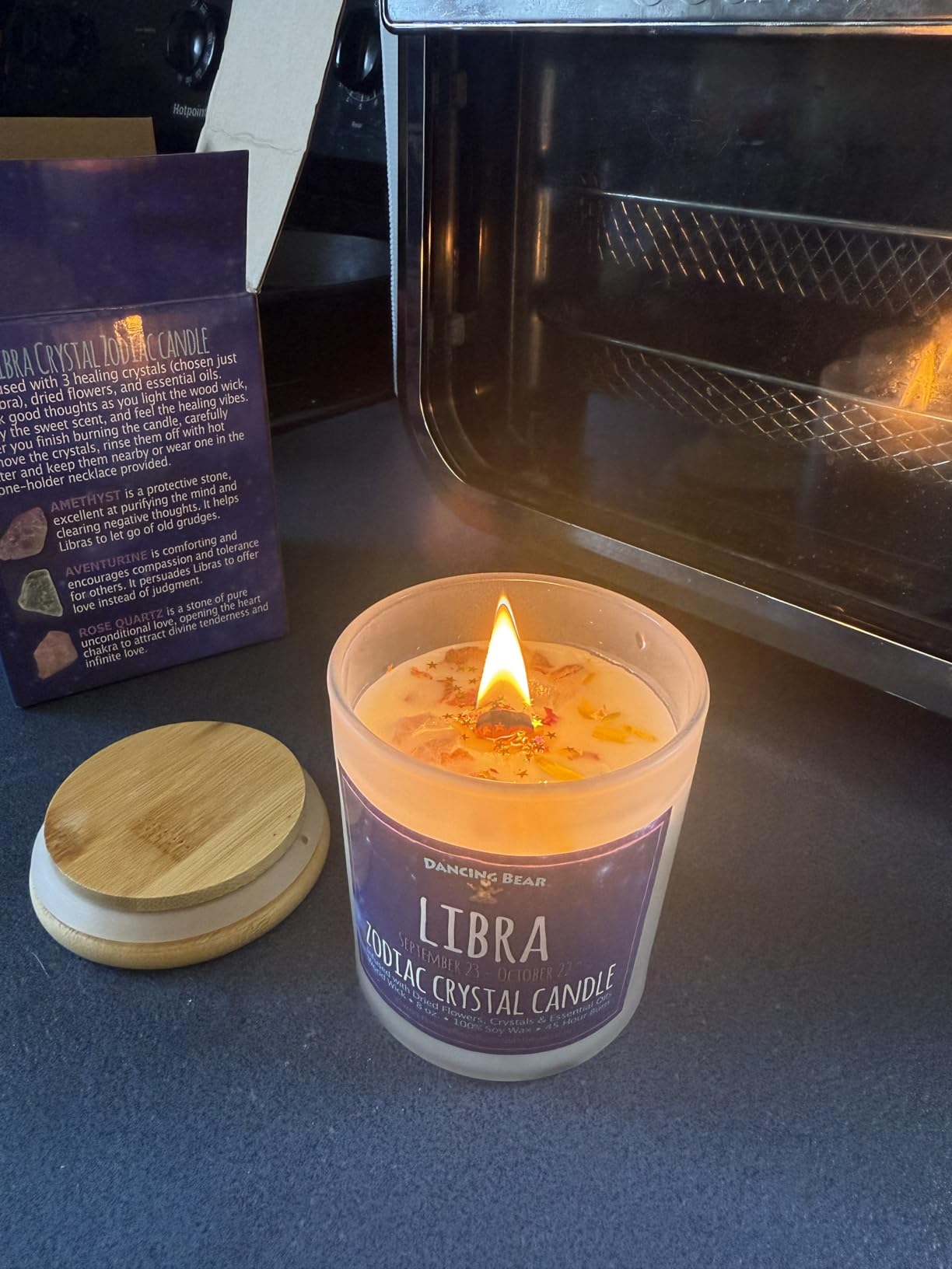 DANCING BEAR Pisces Zodiac Candle Gift Box Set with 3 Healing Crystals & Stone Holder Necklace, 100% Soy Scented Wax, Crackling Wood Wick, 45 Hour Burn Time - Customer Photo 1