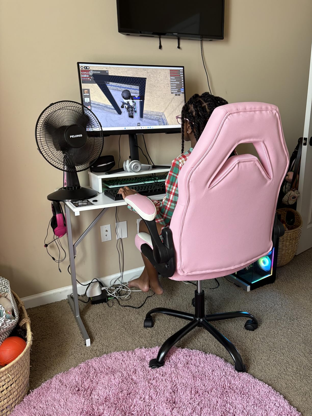 Bestier 42 inch Gaming Desk with LED Lights, Small Computer Gaming Table with Monitor Shelf, Gamer Desk with Headphone Hook, Kids Boys Computer Table with Black Carbon Fiber Texture - Customer Photo 4