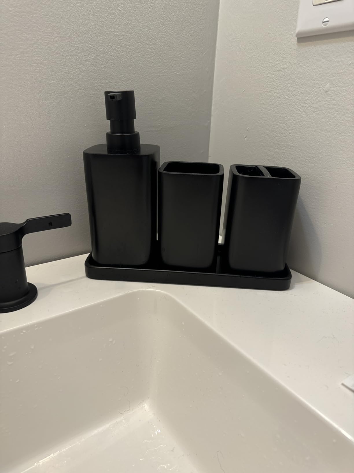 ZCCZ Matte Black Bathroom Accessory Sets, 4 Pieces Bathroom Accessories Complete Set Vanity Countertop Accessory Set, Includes Lotion Dispenser Soap Pump, Tumbler, Toothbrush Holder and Tray - Customer Photo 1