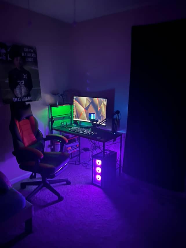 Bestier Gaming Desk with Power Outlets, 61 Inch Large Led Gamer Desk with 4 Tiers Reversible Shelves, PC Gaming Table with Headset Hook & Side Storage Bag for Bedroom (Black 3D Carbon Fiber) - Customer Photo 4