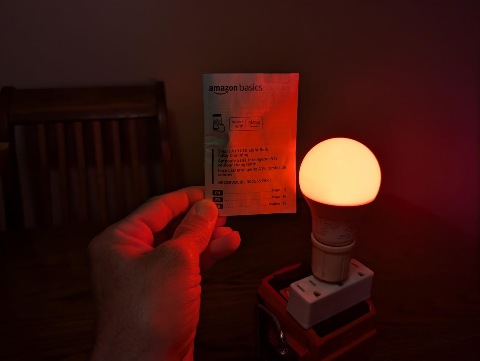 Amazon Basics Smart A19 LED Light Bulb, Color Changing, 9W (60W Equivalent), 800LM, Works with Alexa Only, 2.4 GHz Wi-Fi, No Hub Required, 1 Pack Customer Review Amazon Basics Smart A19 LED Light Bulb, Color Changing, 9W (60W Equivalent), 800LM, Works with Alexa Only, 2.4 GHz Wi-Fi, No Hub Required, 1 Pack - Customer Photo 2