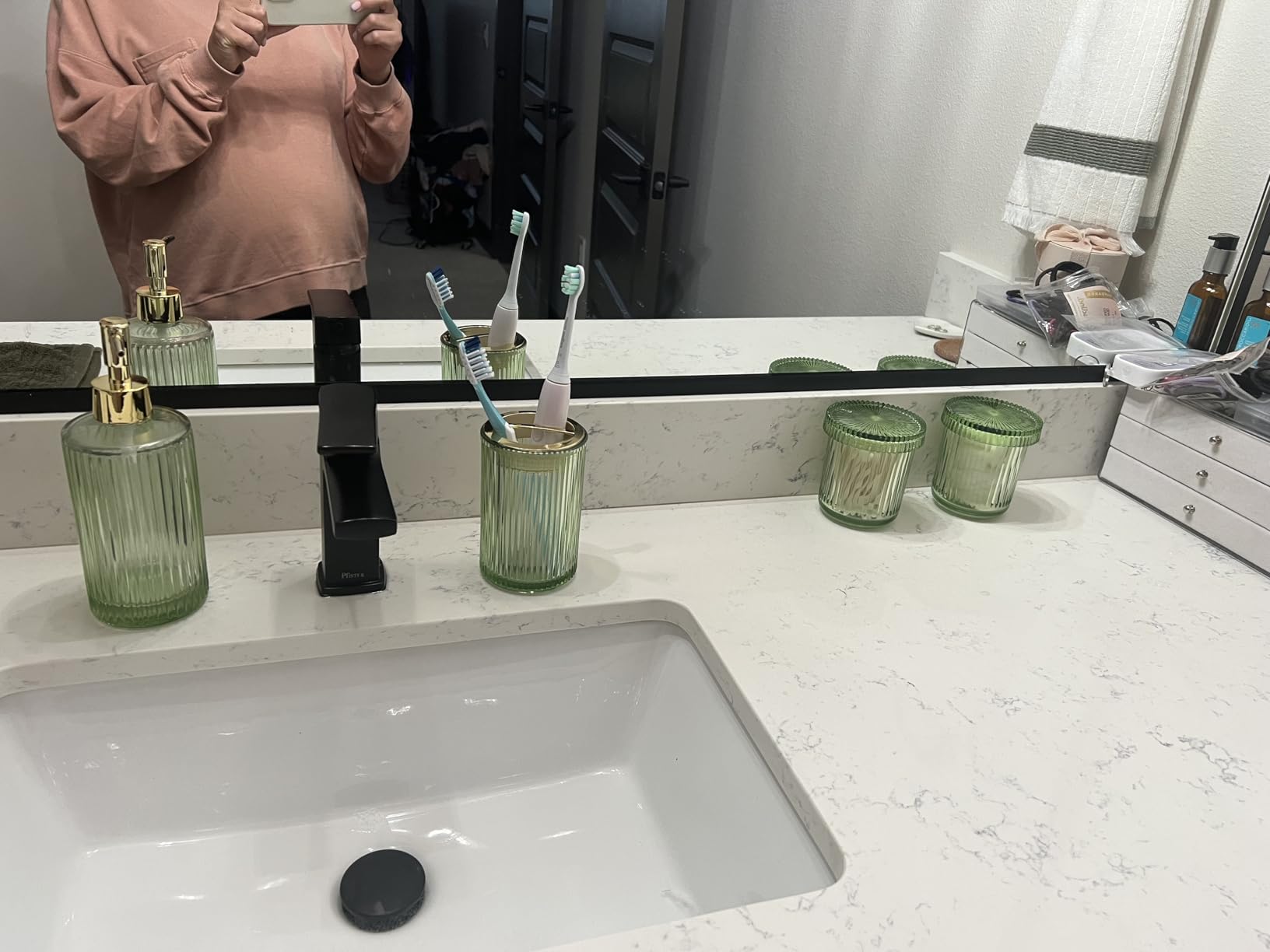 Matte Black Bathroom Accessories Set, 4 Pcs Glass Bathroom Accessory Set, Soap Dispenser, Toothbrush Holder, Qtip Holder Set, Bathroom Sets Complete, Bathroom Sink Set for Modern Home Decor - Customer Photo 2