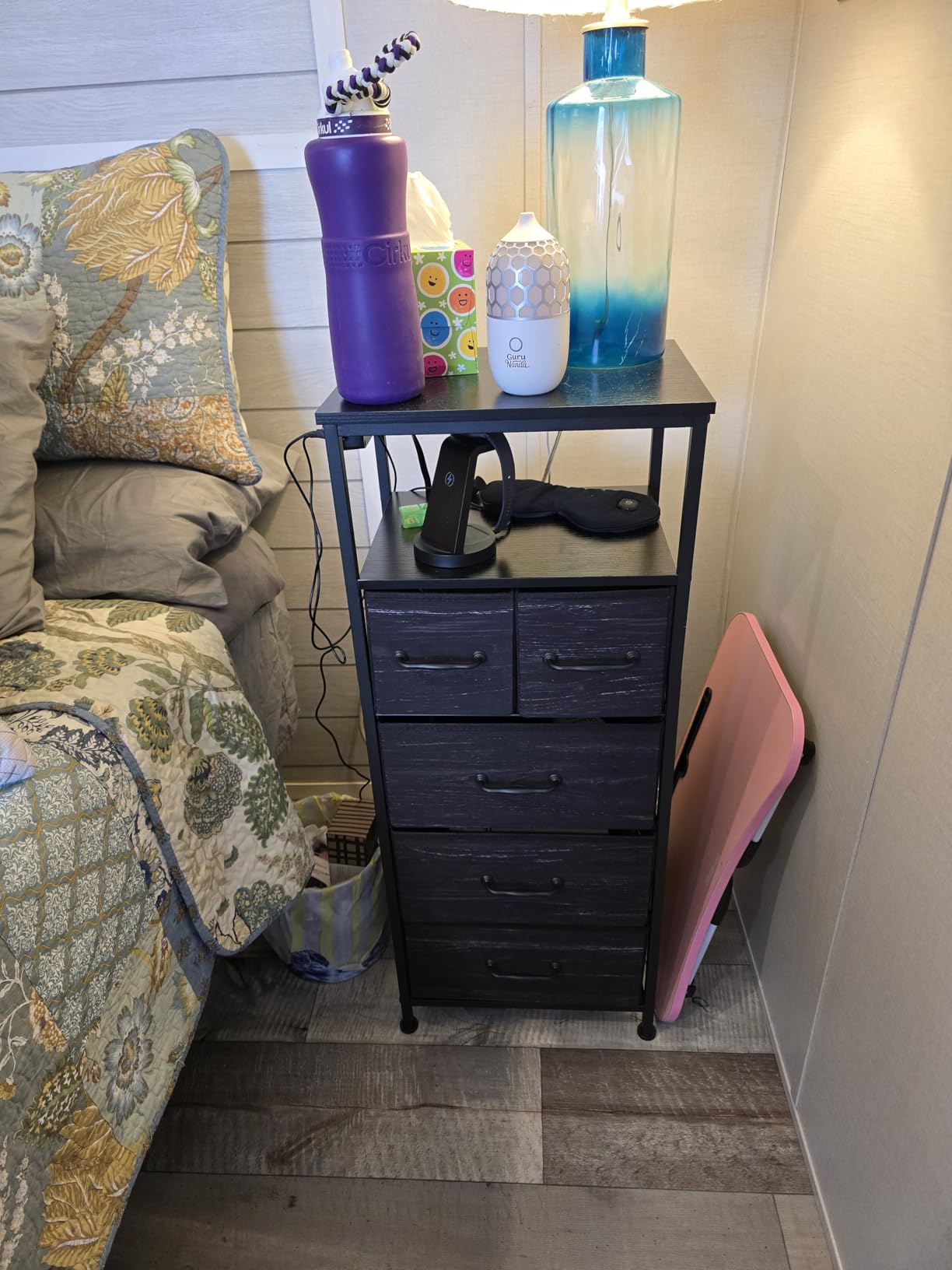 Furnulem Dresser for Bedroom, Tall Nightstand, Vertical Chest with Wood Top, Charging Station, LED Lights, 5 Fabric Bins, Bedside Table with Shelf, Furniture for Entryway (5 Drawer, Black Oak) - Customer Photo 1